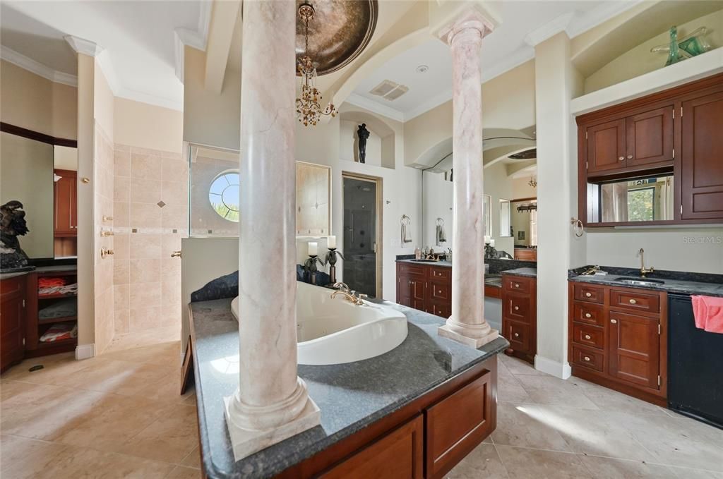 Bathroom, Chandelier, Dual Sink Vanities, Interior, Recessed Lighting