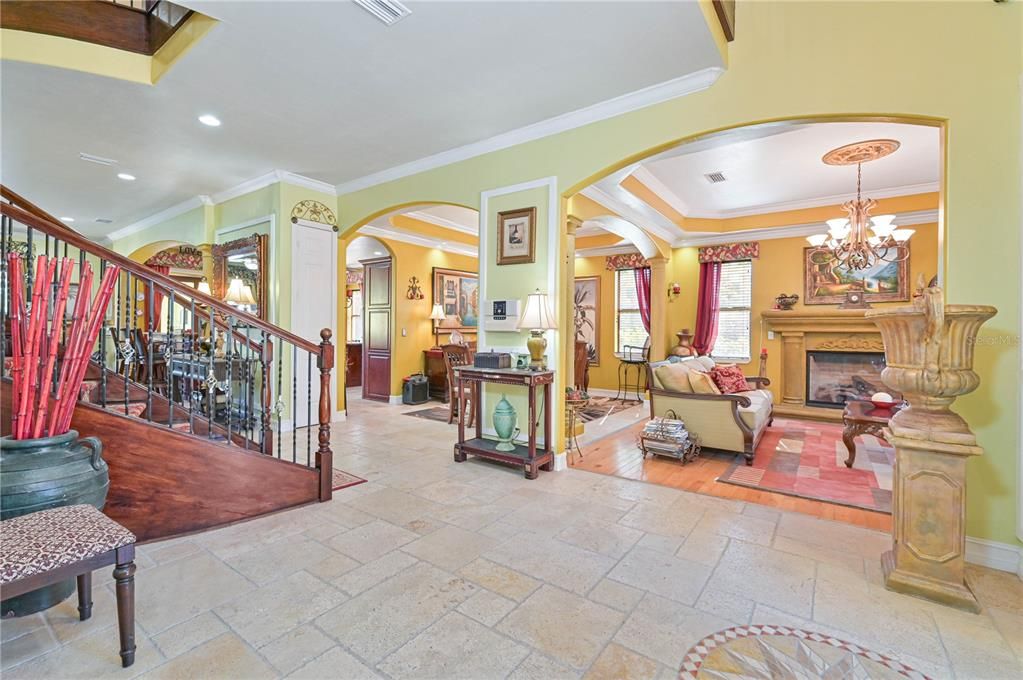 Chandelier, Fireplace, Interior, Living room, Recessed Lighting