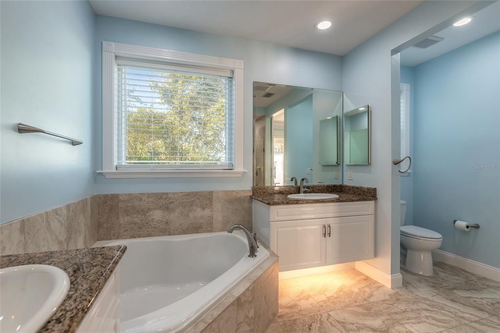 Bathroom, Dual Sink Vanities, Interior, Marble, Recessed Lighting