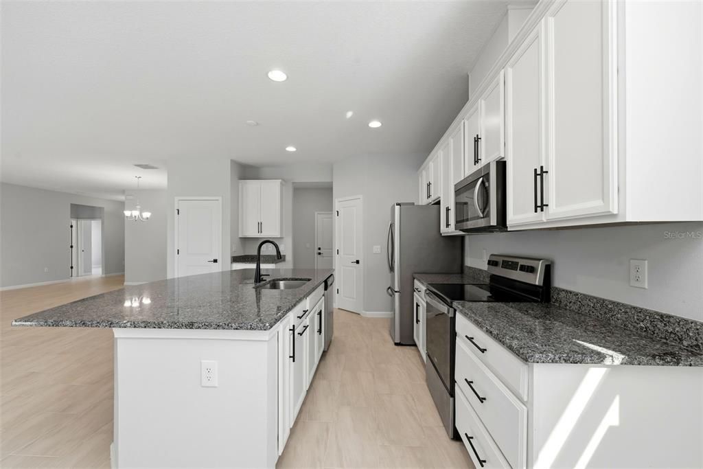 Chandelier, Interior, Kitchen, Recessed Lighting, Wood Texture Flooring