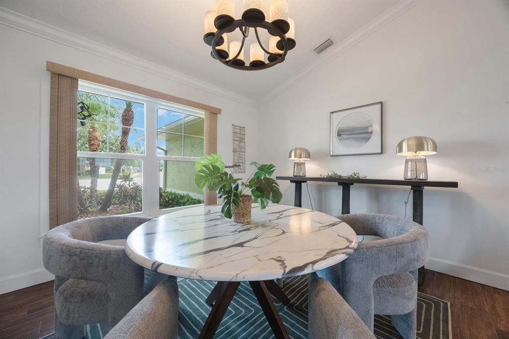 Dining room, Interior, Pendant Lights, Wood Texture Flooring