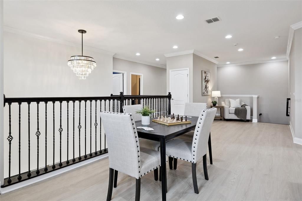 Chandelier, Dining room, Interior, Recessed Lighting, Wood Texture Flooring