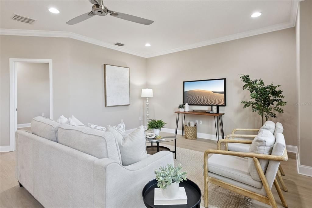 Interior, Living room, Recessed Lighting, Wood Texture Flooring