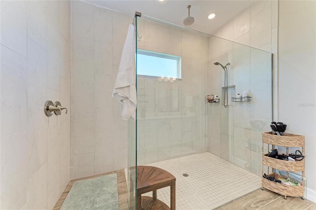 Bathroom, Glass Shower, Interior, Marble Walls, Recessed Lighting