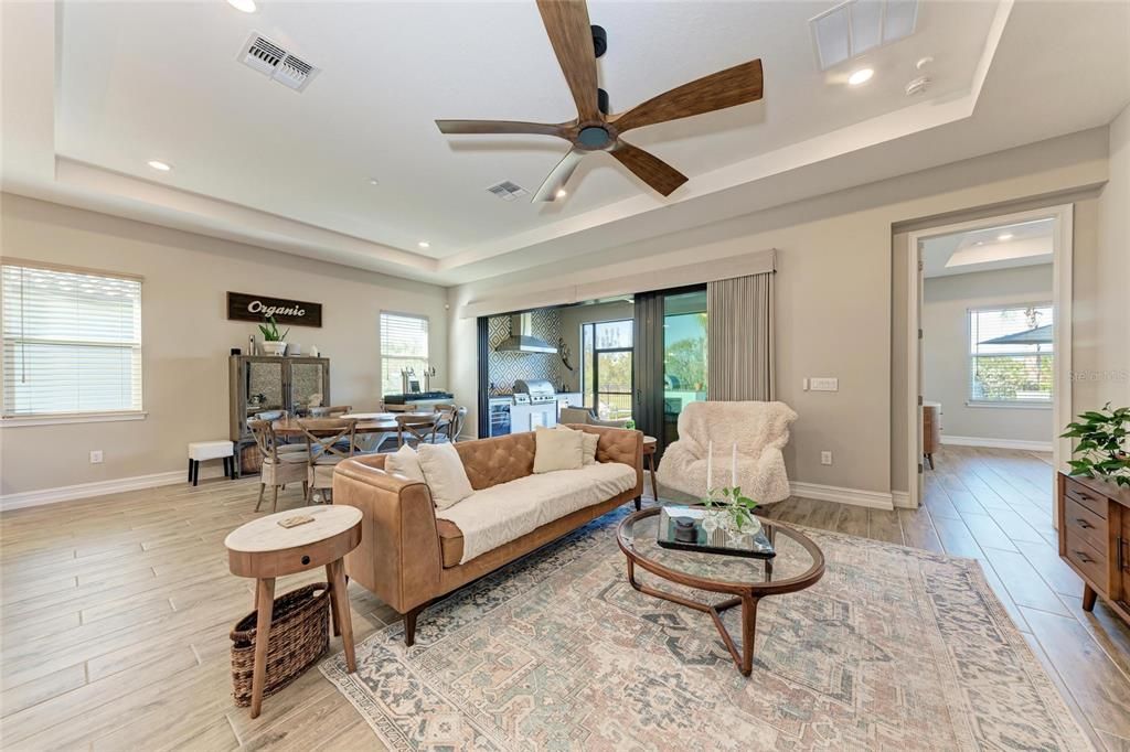 Dining room, Interior, Living room, Recessed Lighting, Wood Texture Flooring
