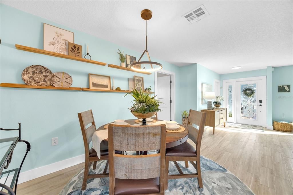 Dining room, Interior, Pendant Lights, Recessed Lighting, Wood Texture Flooring