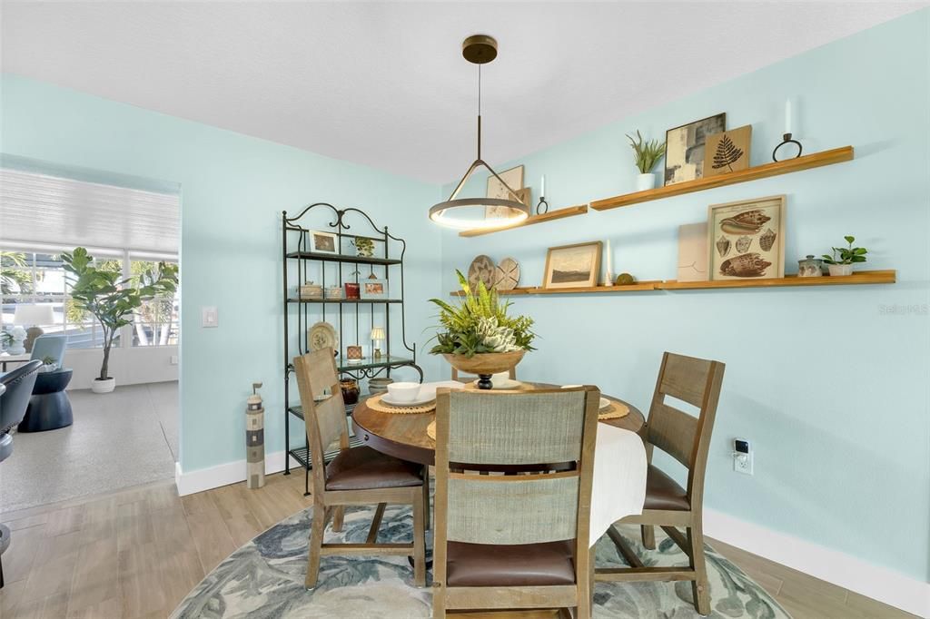 Dining room, Interior, Pendant Lights, Wood Texture Flooring