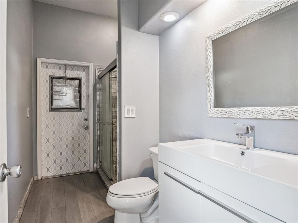 Bathroom, Glass Shower, Interior, Recessed Lighting, Wood Texture Flooring