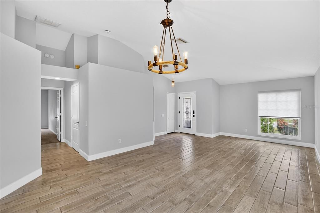 Chandelier, Empty room, Interior, Pendant Lights, Wood Texture Flooring