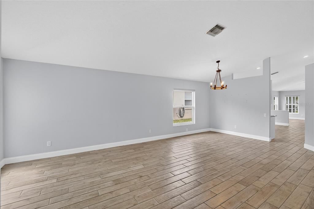 Empty room, Interior, Pendant Lights, Recessed Lighting, Wood Texture Flooring