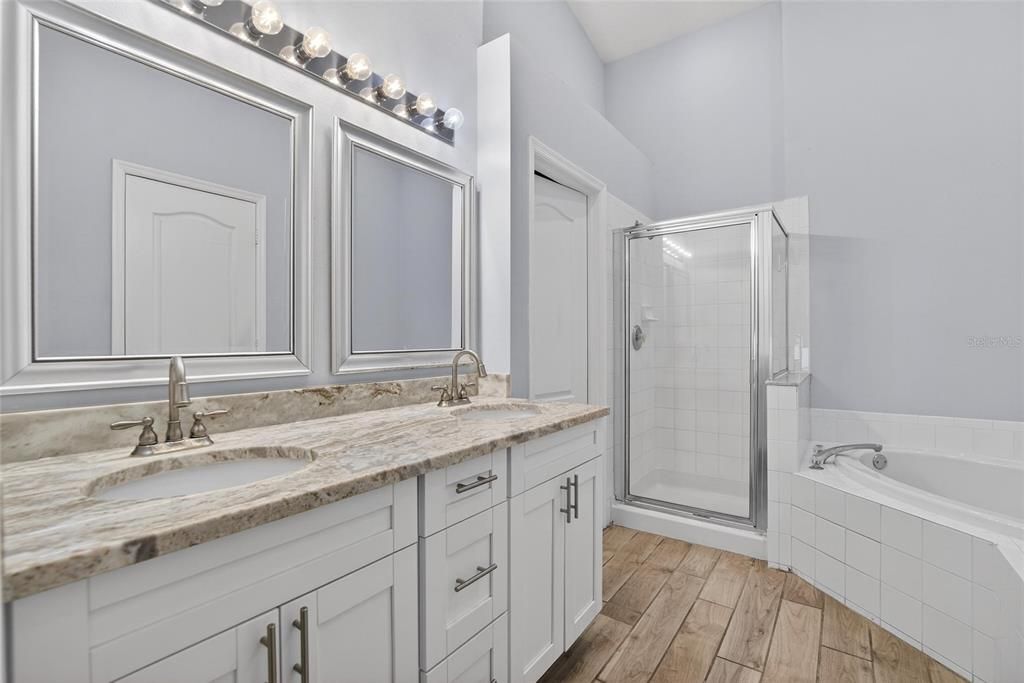 Bathroom, Dual Sink Vanities, Glass Shower, Interior, Wood Texture Flooring