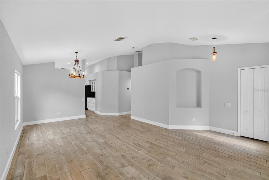 Empty room, Interior, Pendant Lights, Wood Texture Flooring