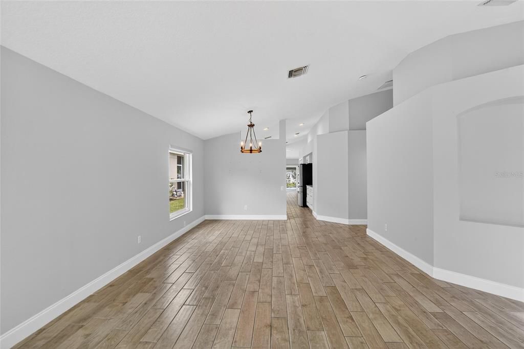 Empty room, Interior, Pendant Lights, Recessed Lighting, Wood Texture Flooring