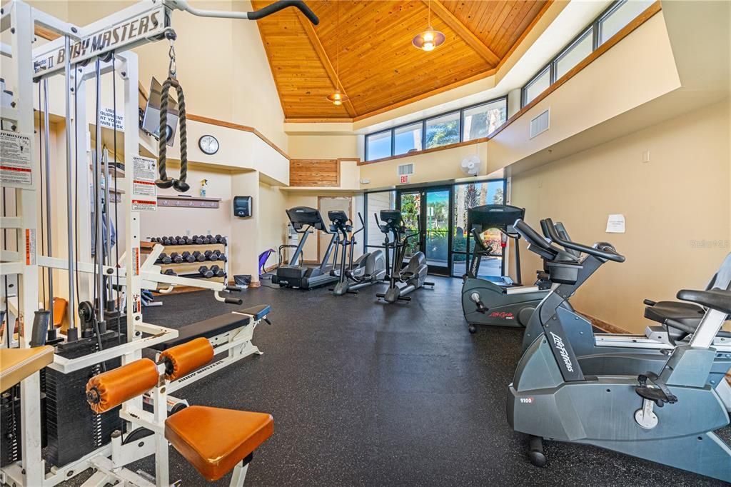 Fitness Equipment, Gym, Interior, Recessed Lighting, Wooden Ceilings