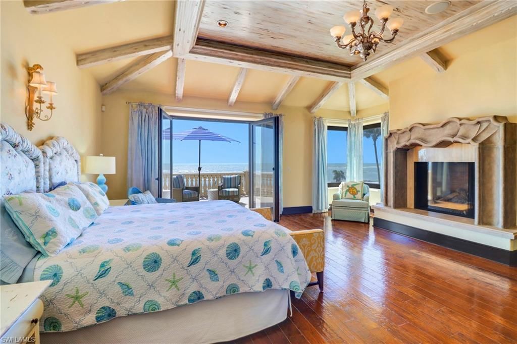 Bedroom, Chandelier, Fireplace, Interior, Water, Wooden Beams, Wooden Ceilings, Wood Texture Flooring