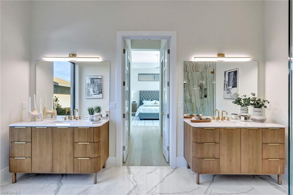 Bathroom, Bedroom, Dual Sink Vanities, Glass Shower, Interior, Marble, Marble Walls, Wood Texture Flooring