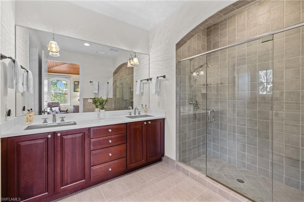 Bathroom, Dual Sink Vanities, Glass Shower, Interior, Pendant Lights, Recessed Lighting