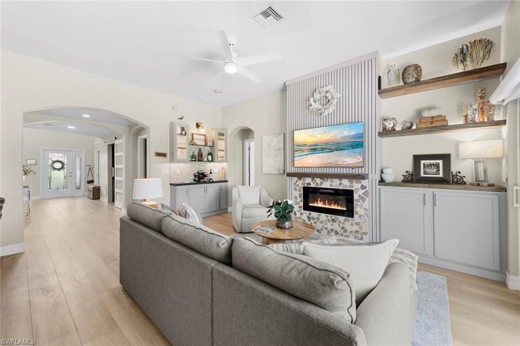 Fireplace, Interior, Living room, Recessed Lighting, Wood Texture Flooring