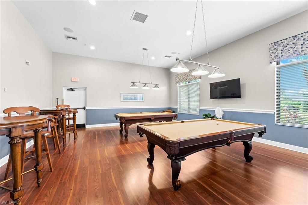 Billiard Table, Game Room, Interior, Pendant Lights, Recessed Lighting, Wood Texture Flooring