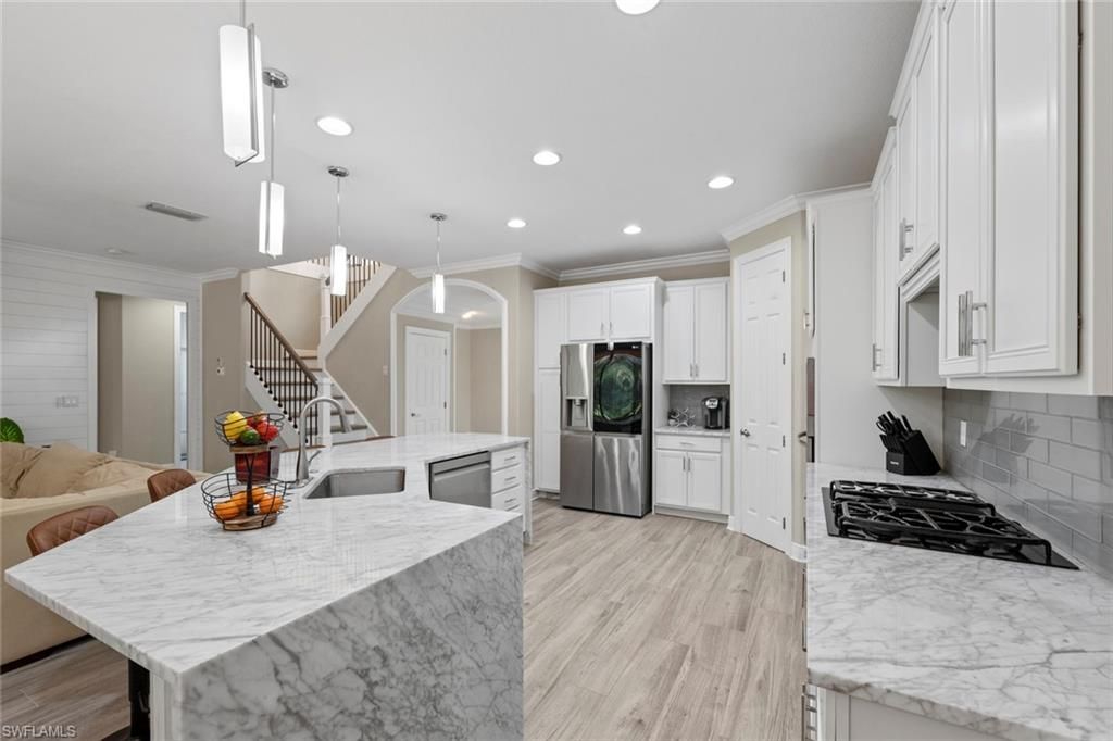 Interior, Kitchen, Pendant Lights, Recessed Lighting, Stainless Steel Appliances, Wood Texture Flooring