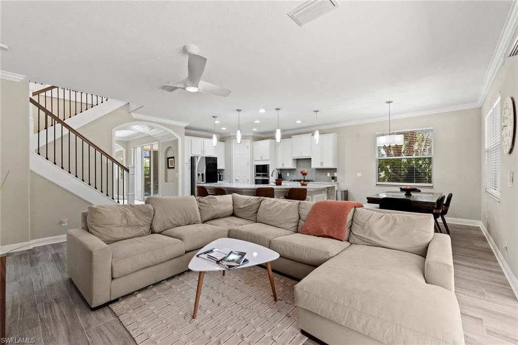 Dining room, Interior, Kitchen, Living room, Pendant Lights, Recessed Lighting, Stainless Steel Appliances, Wood Texture Flooring