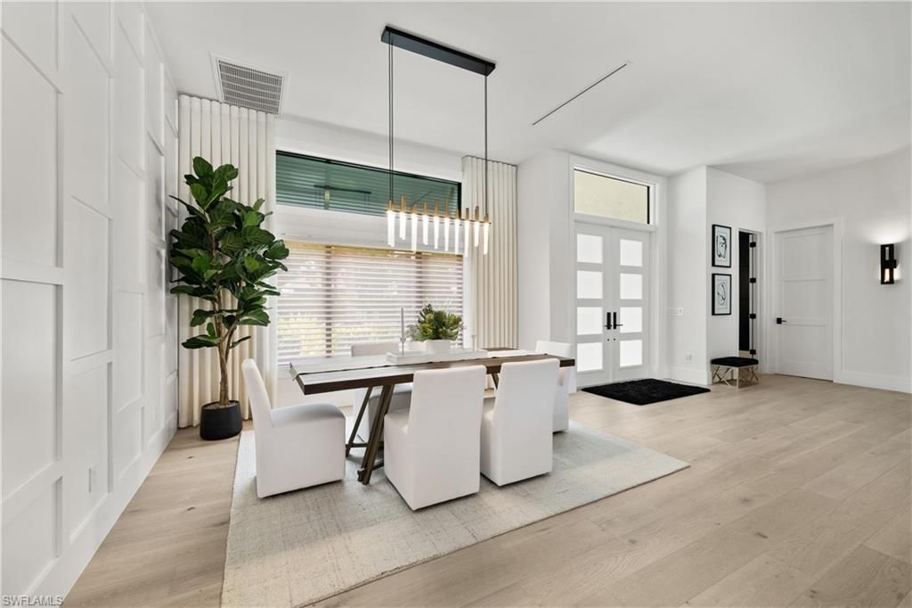 Dining room, Interior, Pendant Lights, Wood Texture Flooring