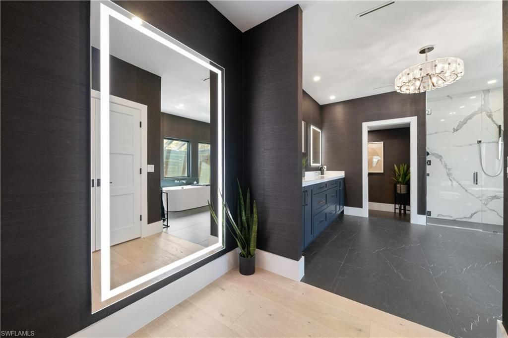 Bathroom, Interior, Marble Walls, Pendant Lights, Recessed Lighting, Wood Texture Flooring