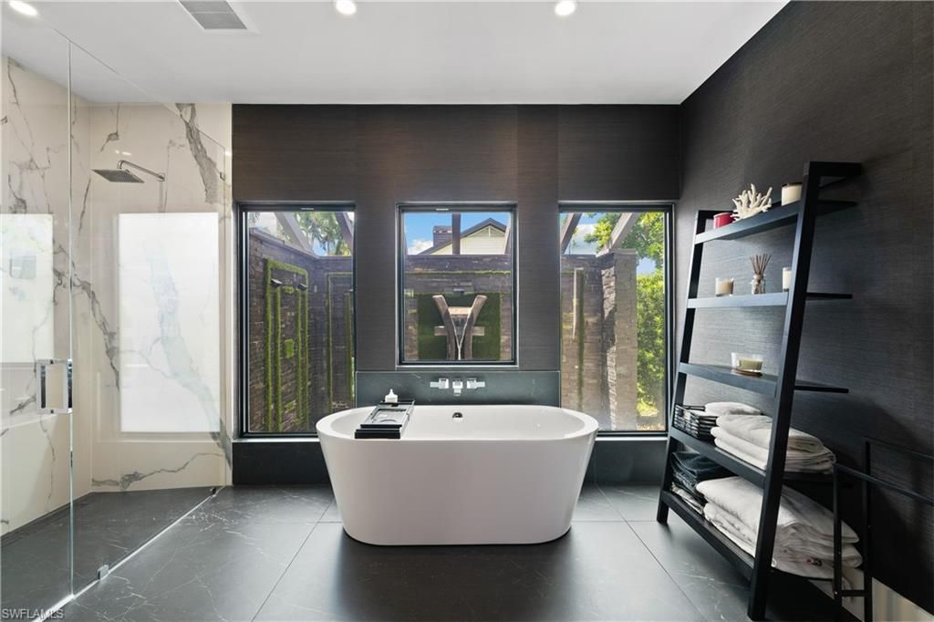 Bathroom, Free Standing Baths, Interior, Marble, Marble Walls, Recessed Lighting
