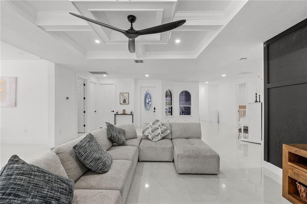 Fireplace, Interior, Living room, Marble, Recessed Lighting