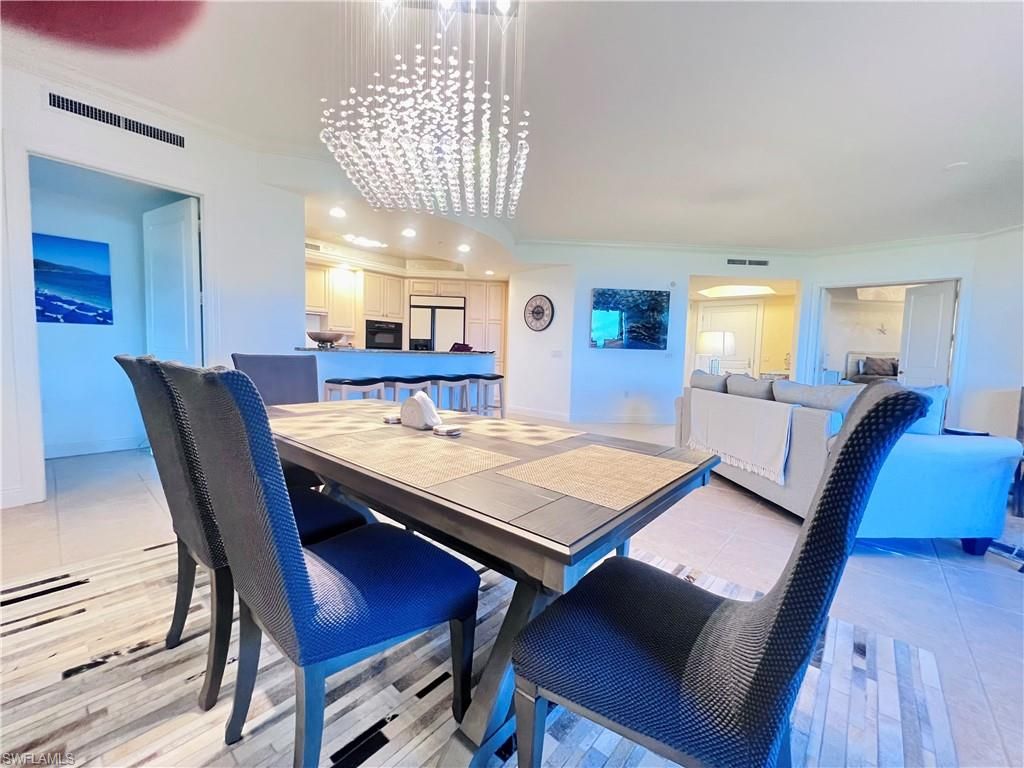 Chandelier, Dining room, Interior, Kitchen, Living room, Pendant Lights, Recessed Lighting, Wood Texture Flooring