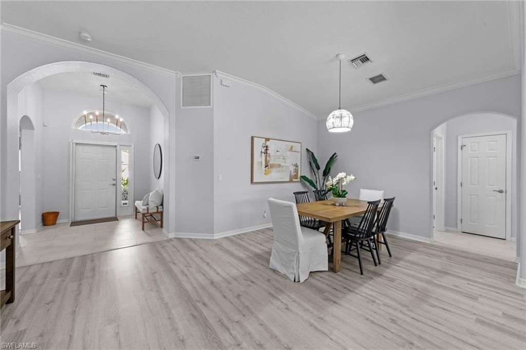 Dining room, Interior, Pendant Lights, Wood Texture Flooring