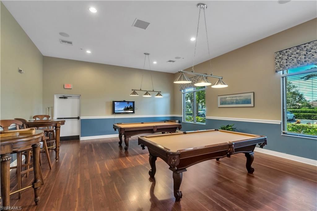 Billiard Table, Game Room, Interior, Pendant Lights, Recessed Lighting, Wood Texture Flooring