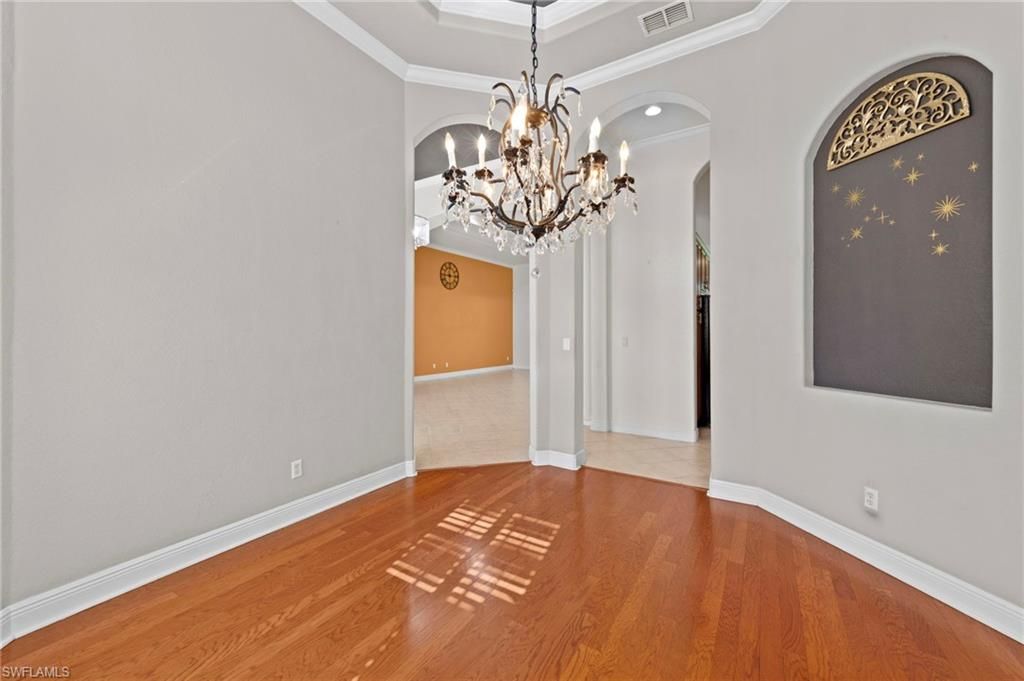 Chandelier, Empty room, Interior, Recessed Lighting, Wood Texture Flooring