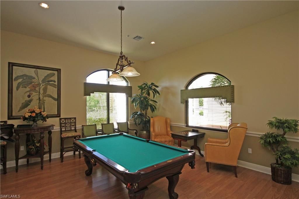 Billiard Table, Game Room, Interior, Pendant Lights, Recessed Lighting, Wood Texture Flooring