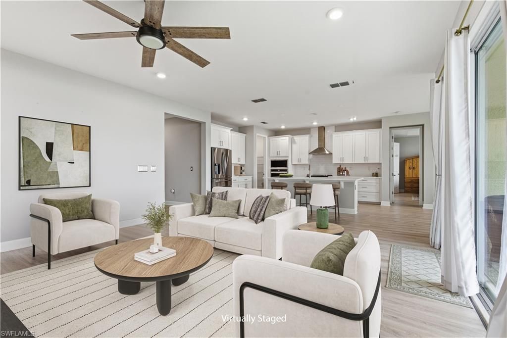 Interior, Kitchen, Living room, Recessed Lighting, Stainless Steel Appliances, Wood Texture Flooring