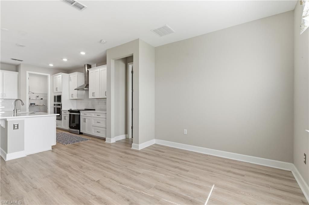 Empty room, Interior, Kitchen, Recessed Lighting, Wood Texture Flooring