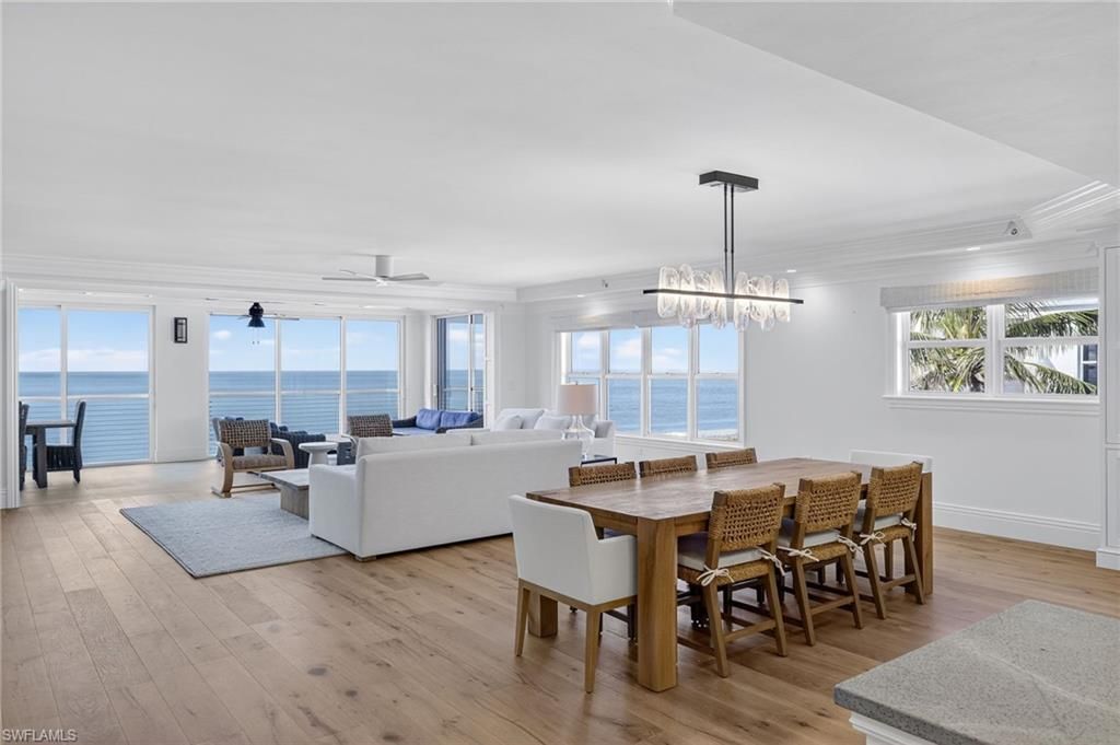 Dining room, Interior, Living room, Pendant Lights, Water, Wood Texture Flooring