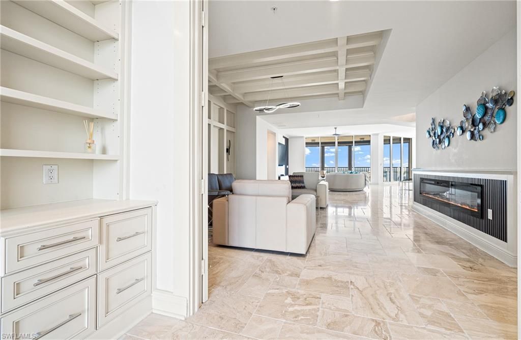 Fireplace, Interior, Living room, Pendant Lights, Water