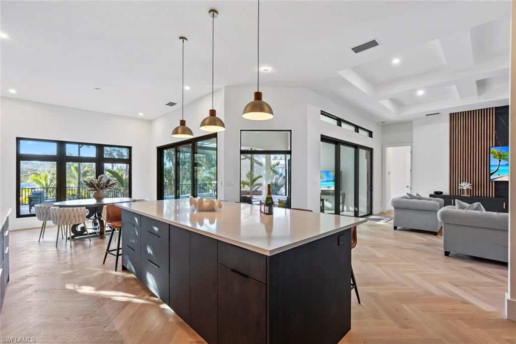 Dining room, Interior, Kitchen, Living room, Pendant Lights, Recessed Lighting, Wood Texture Flooring