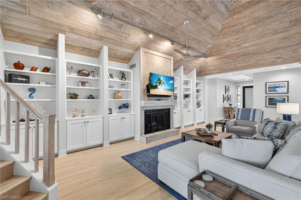 Fireplace, Interior, Living room, Recessed Lighting, Wooden Ceilings, Wood Texture Flooring, Wooden Walls