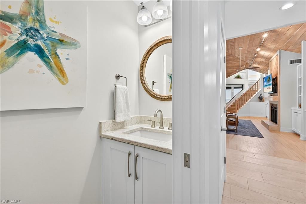 Bathroom, Interior, Recessed Lighting, Wooden Ceilings, Wood Texture Flooring