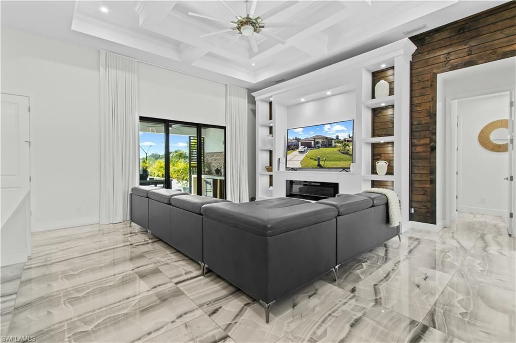 Fireplace, Interior, Living room, Marble, Recessed Lighting, Wooden Walls