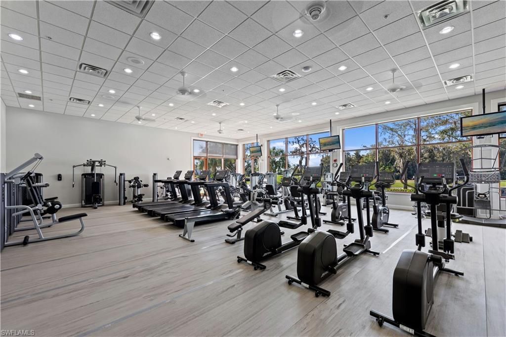Fitness Equipment, Gym, Interior, Recessed Lighting, Wood Texture Flooring