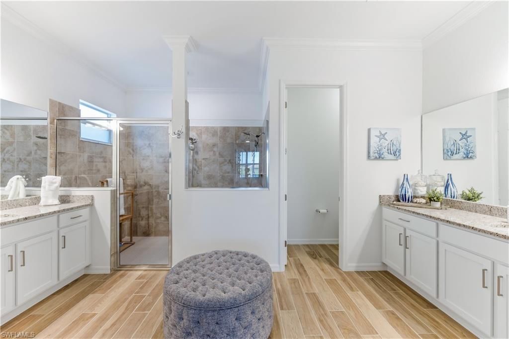 Bathroom, Glass Shower, Interior, Wood Texture Flooring