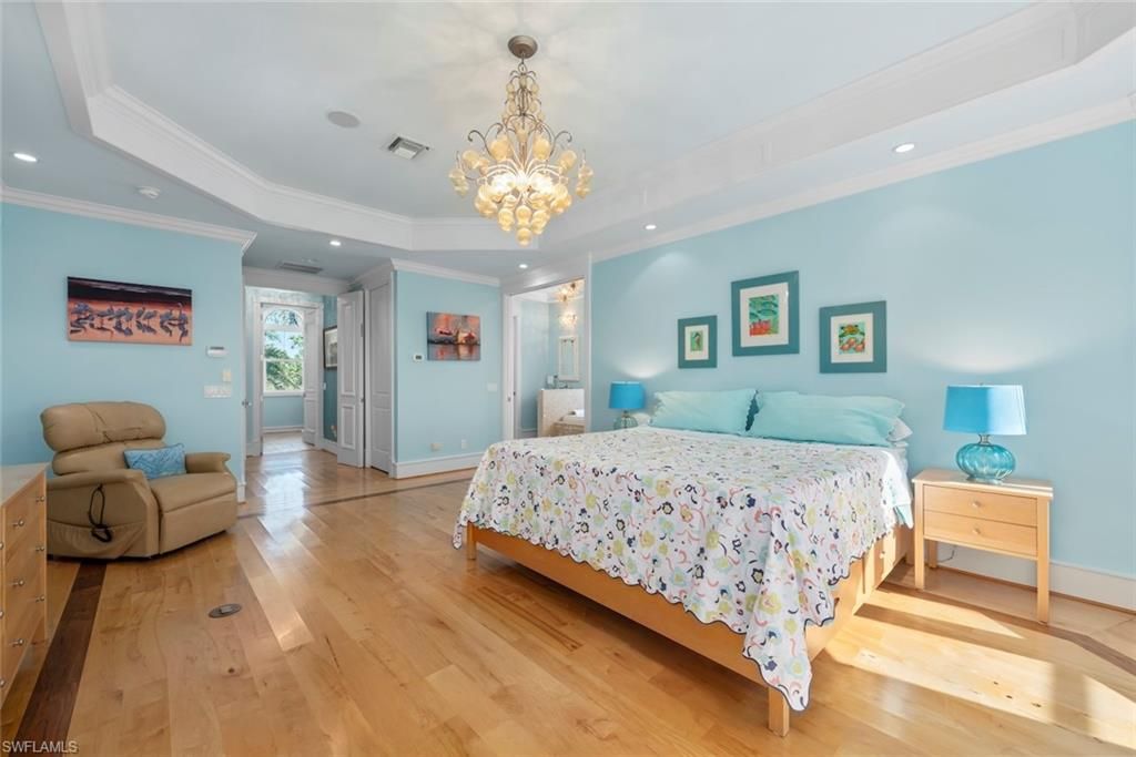 Bedroom, Chandelier, Interior, Recessed Lighting, Wood Texture Flooring
