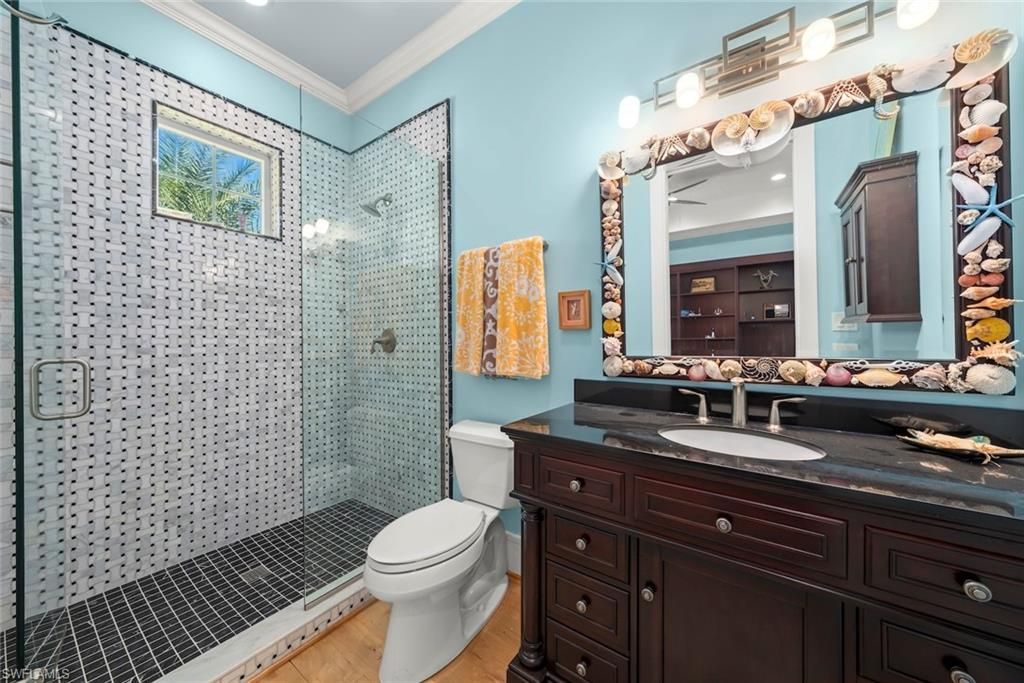 Bathroom, Glass Shower, Interior, Wood Texture Flooring