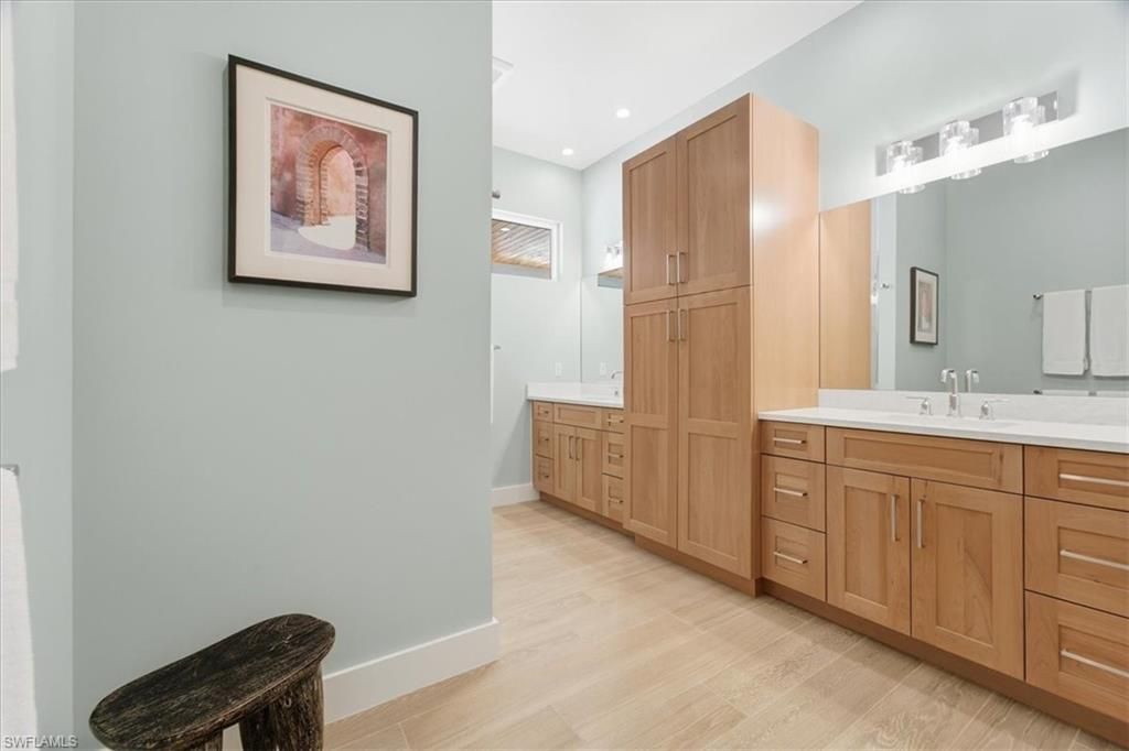 Bathroom, Dual Sink Vanities, Interior, Recessed Lighting, Wood Texture Flooring