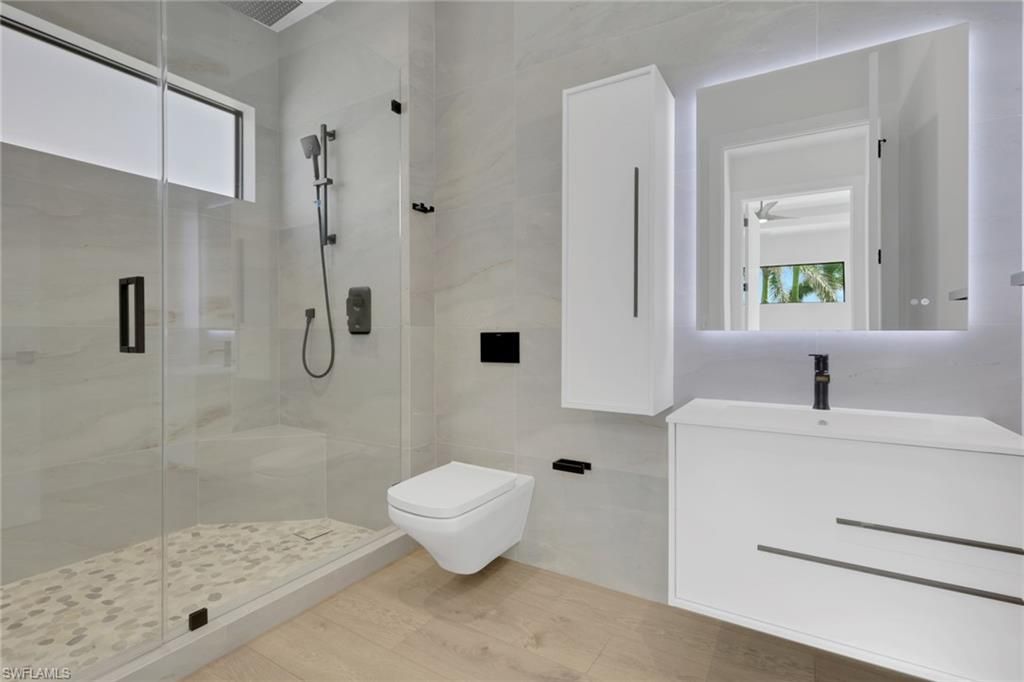 Bathroom, Glass Shower, Interior, Wood Texture Flooring