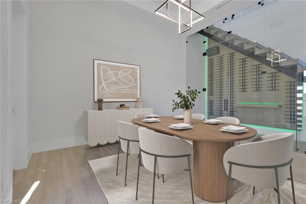 Dining room, Interior, Pendant Lights, Wood Texture Flooring