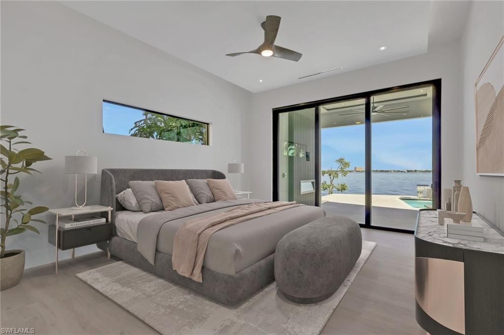 Bedroom, Interior, Recessed Lighting, Water, Wood Texture Flooring